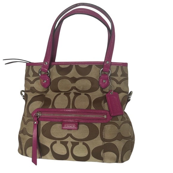 Coach Khaki & Bright Magenta Daisy Outline Signature Mia Tote Bag & Wallet - Picture 4 of 16